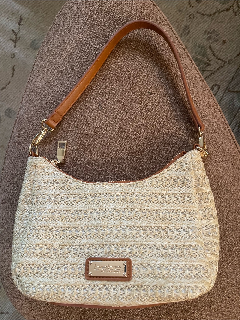 bebe Cream Woven Shoulder Bag with Brown Trim